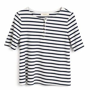 Seasalt Cornwall Organic Cotton Striped Henley Top Dark Navy & White EU 42 US 10